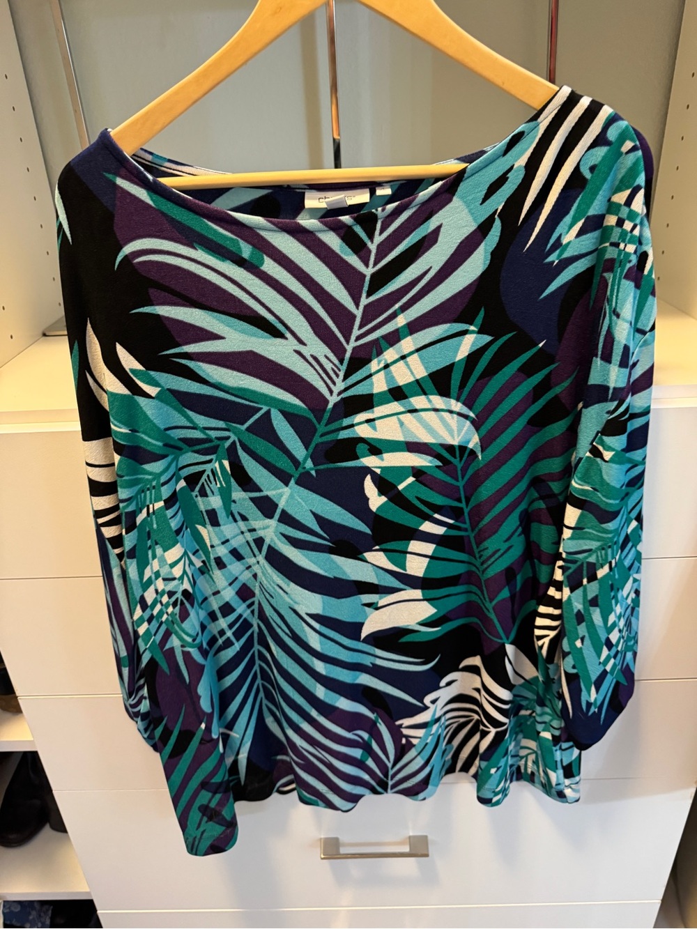 Women’s Tropical Leaf Print Boatneck Top in Teal and Navy